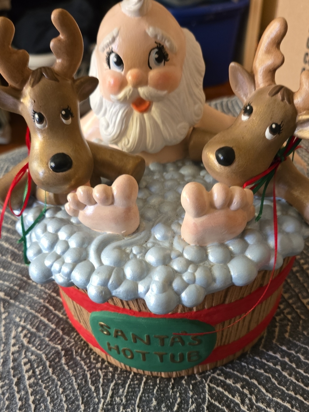 Santa's Hottub Holiday Ceramic Figurine - Brown Reindeer & White-Bearded Santa